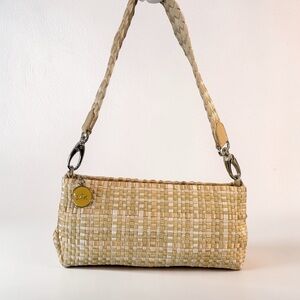 The Sak Woven Ribbon Baguette Shoulder Bag Beige Gold Braided Strap